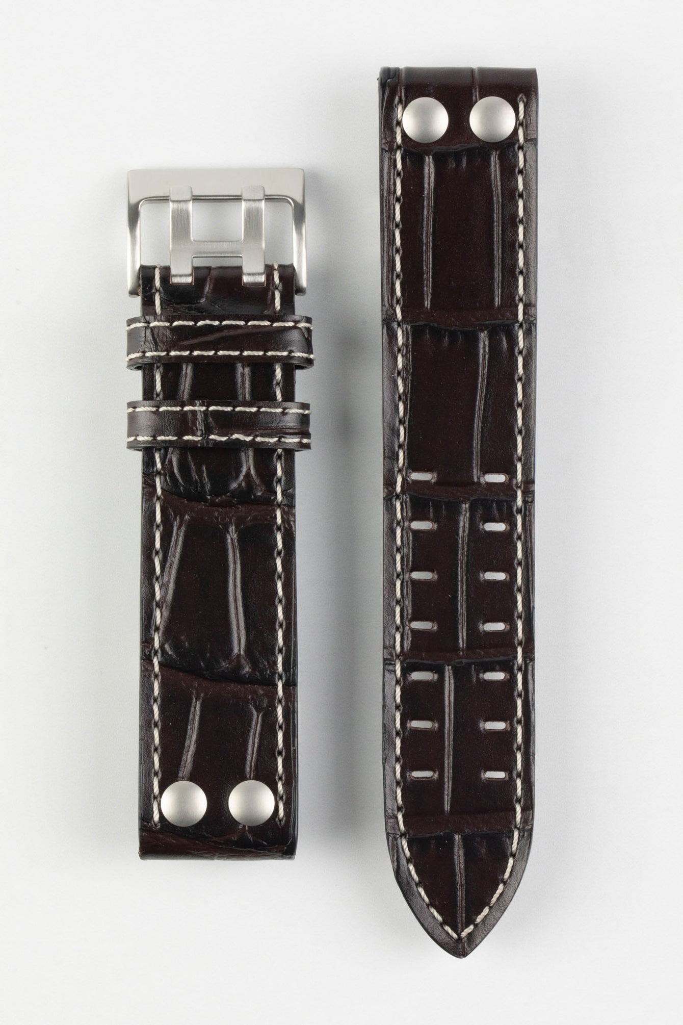 Upper side of Di-Modell Venezuela Pilot Sport Alligator Embossed Calfskin watch strap with brushed buckle in brown