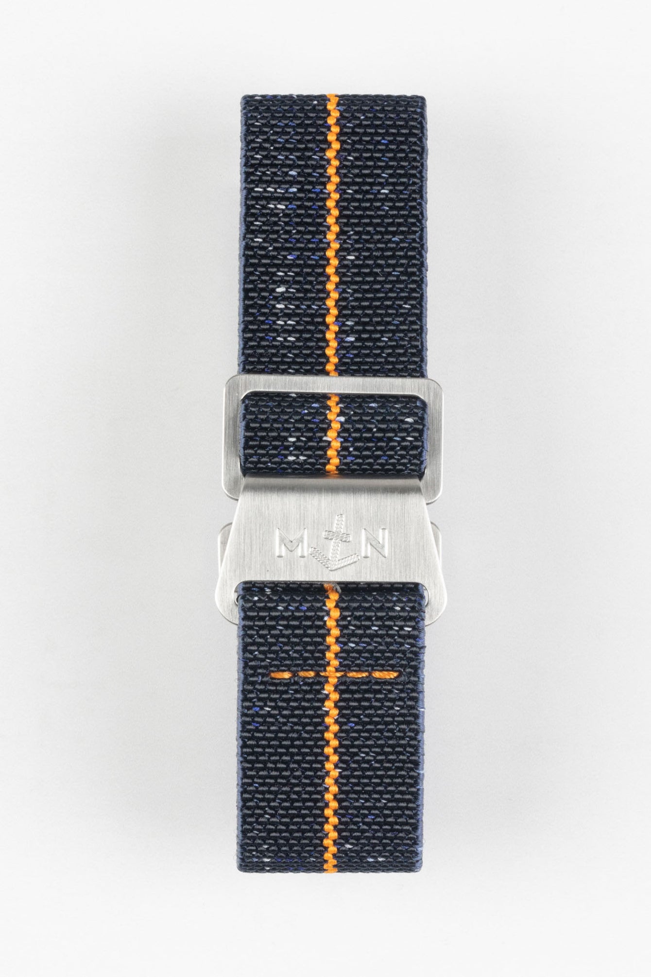 Erika's Originals INDIGO DENIM MN™ Strap with ORANGE Centerline - BRUSHED Hardware