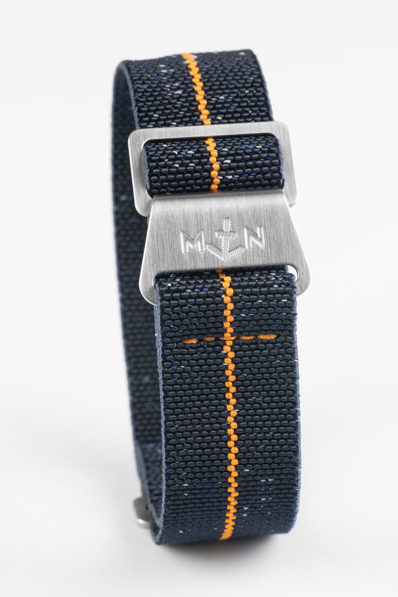 Erika's Originals INDIGO DENIM MN™ Strap with ORANGE Centerline - BRUSHED Hardware