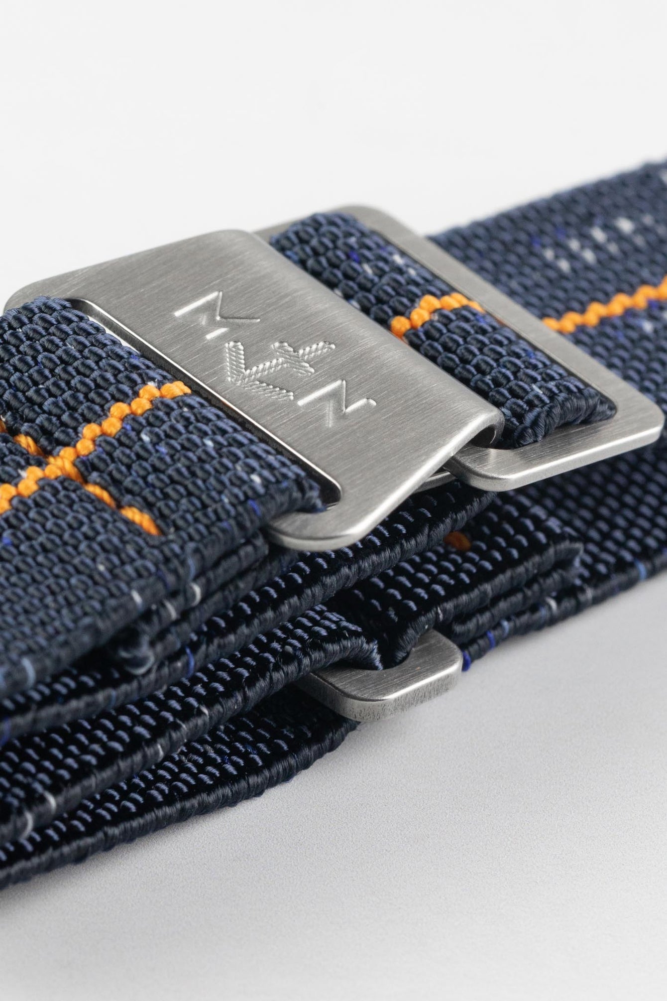 Erika's Originals INDIGO DENIM MN™ Strap with ORANGE Centerline - BRUSHED Hardware