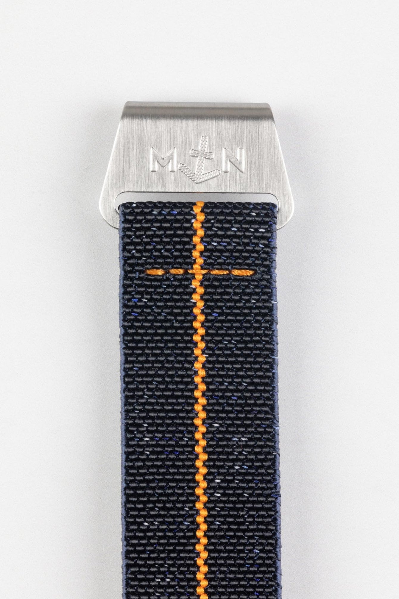 Erika's Originals INDIGO DENIM MN™ Strap with ORANGE Centerline - BRUSHED Hardware