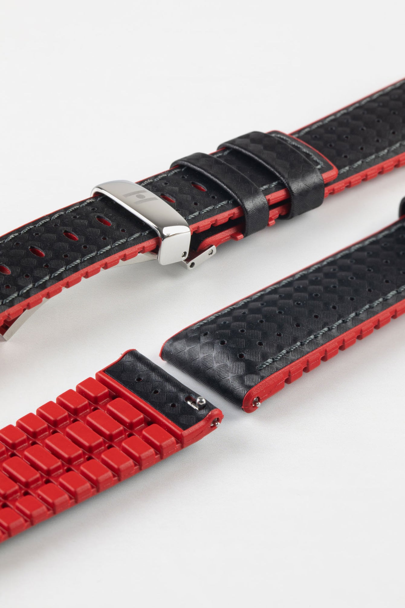 Hirsch AYRTON Carbon Embossed Performance Watch Strap in BLACK/RED