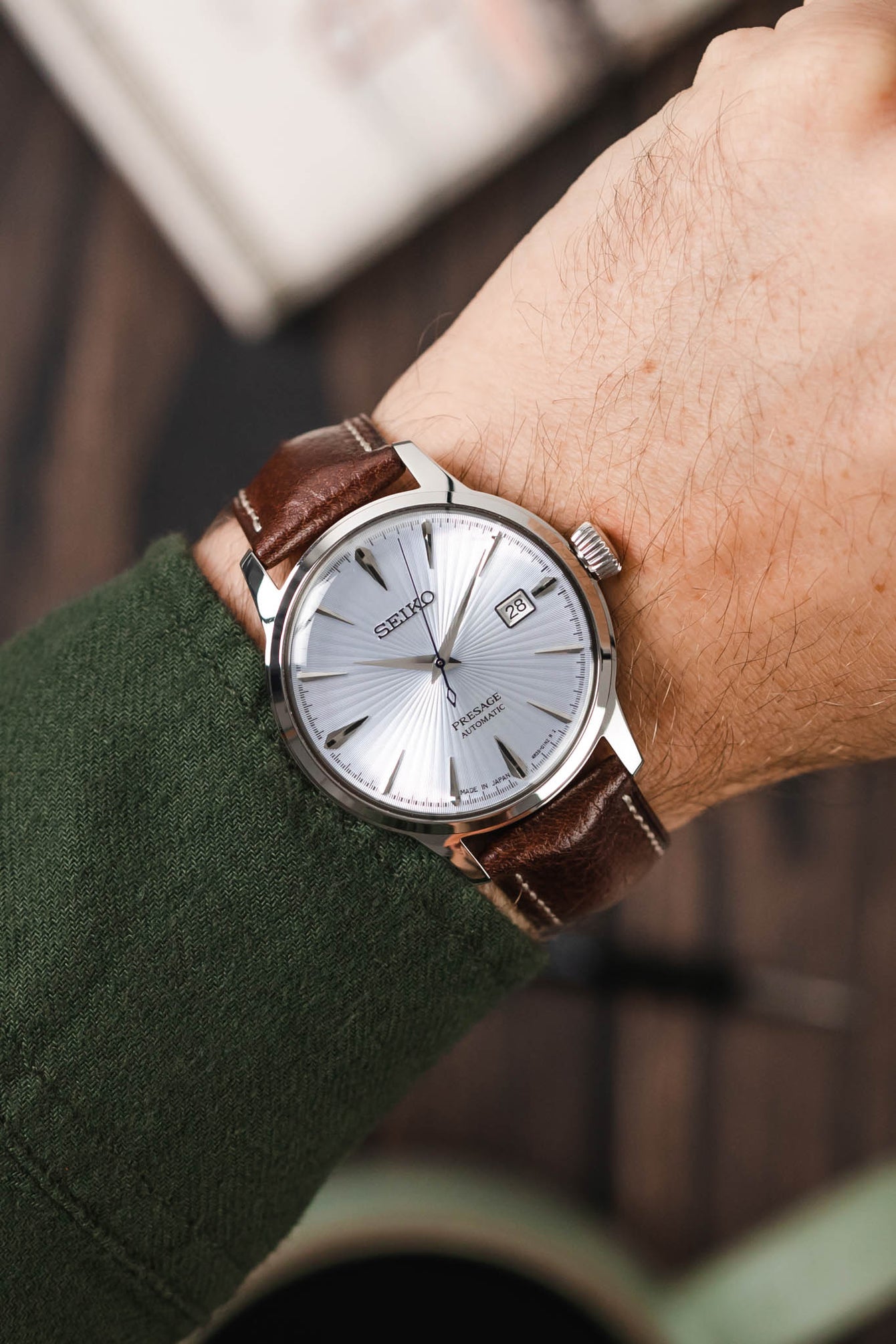 Seiko Presage Cocktail fitted with Hirsch Boston NQR Brown Leather watch strap worn on wrist