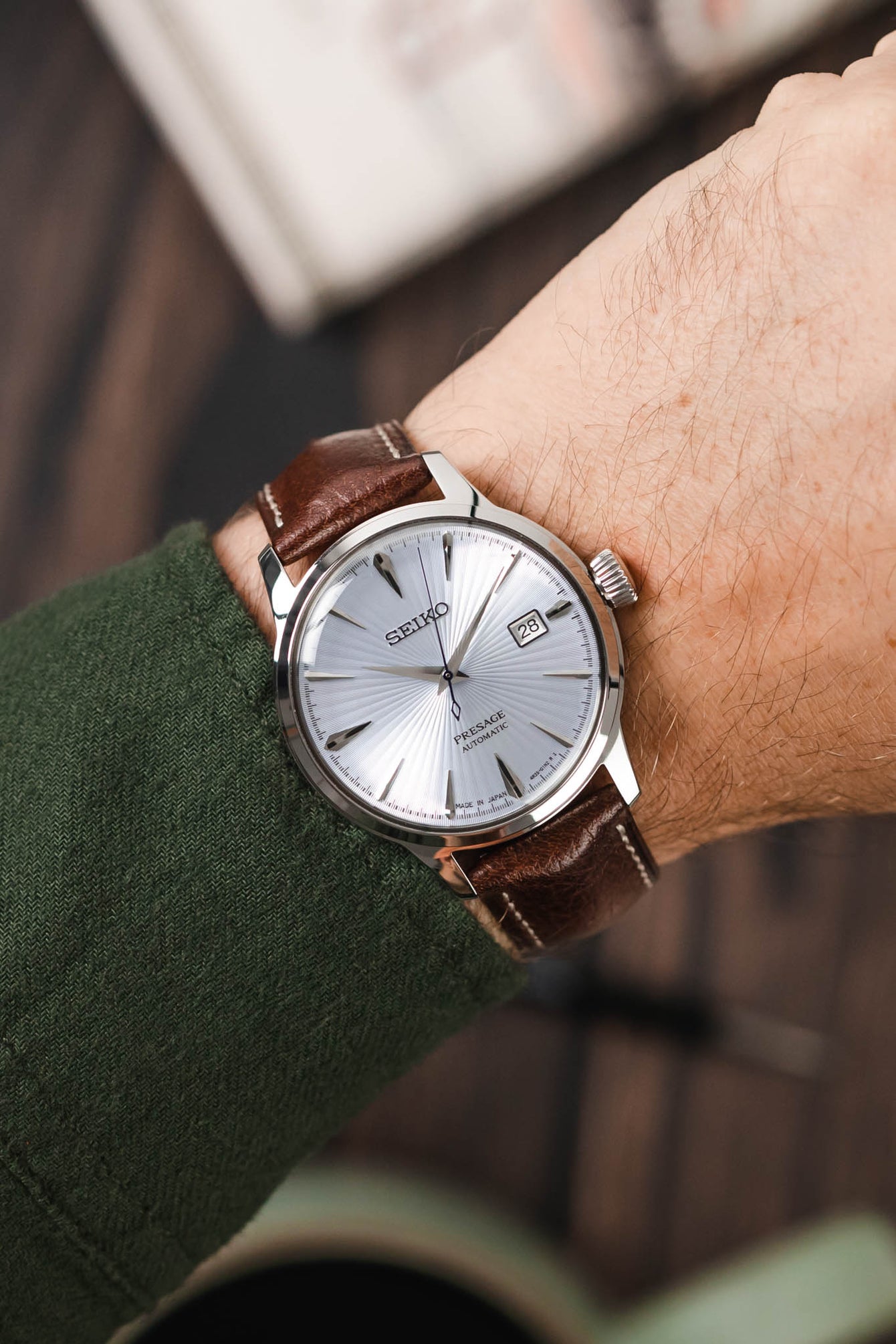 Seiko Presage Cocktail fitted with Hirsch Boston Brown Leather watch strap worn on wrist