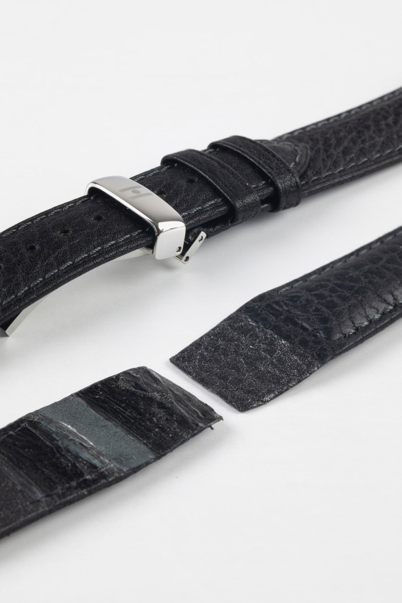 Hirsch CAMELGRAIN Open Ended No Allergy Leather Watch Strap in BLACK