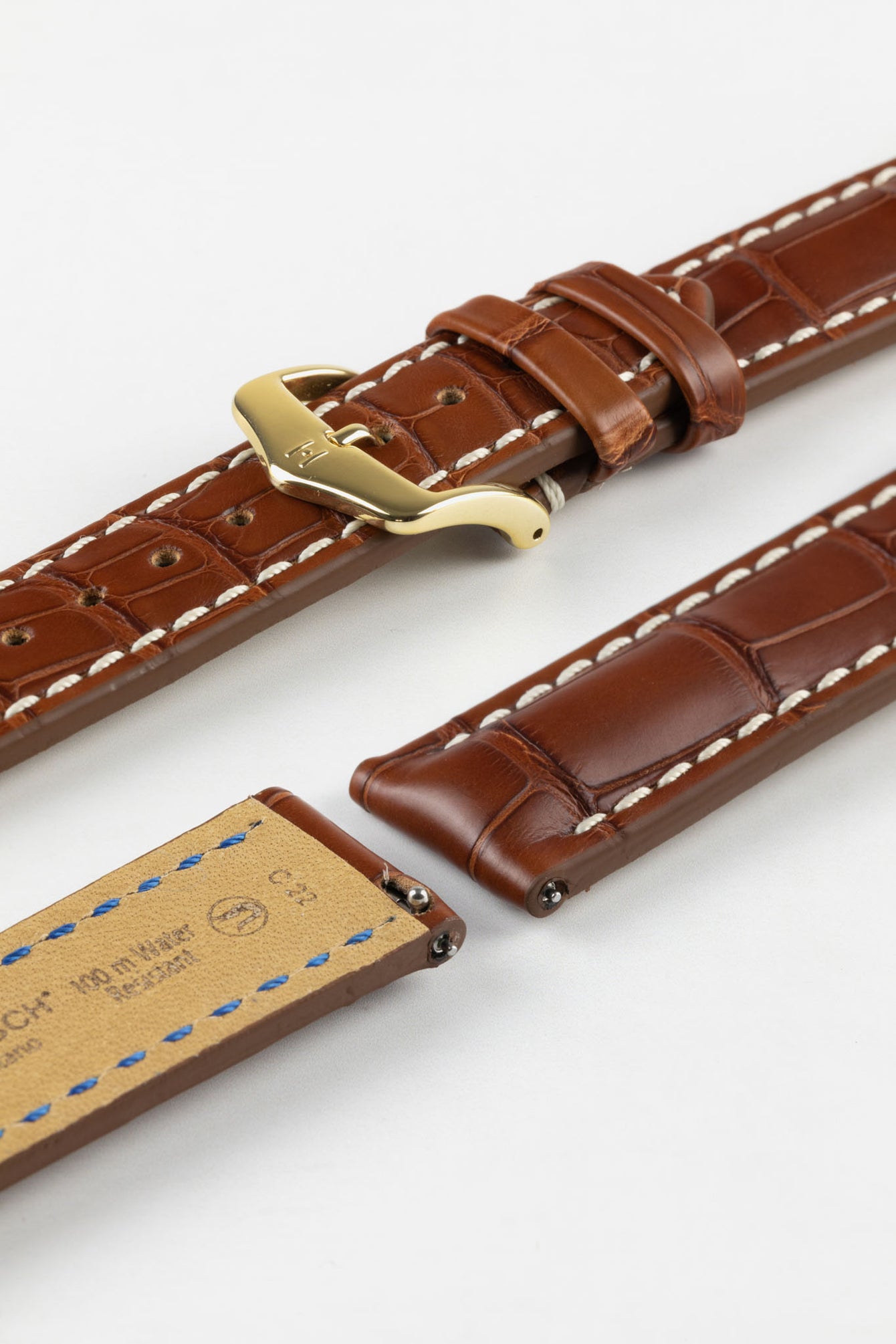 Hirsch CAPITANO Padded Alligator Water-Resistant Leather Watch Strap in GOLD BROWN