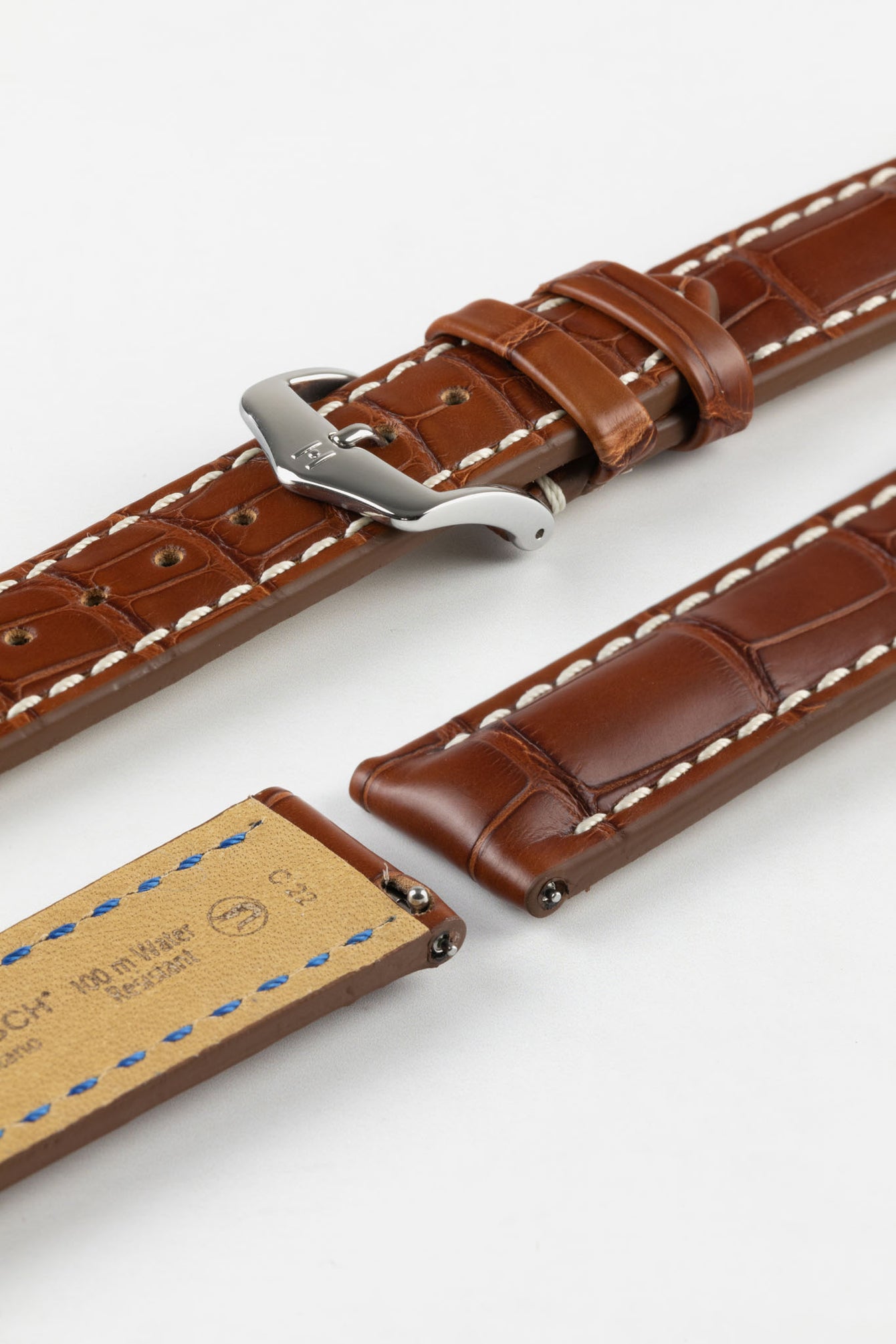 Hirsch CAPITANO Padded Alligator Water-Resistant Leather Watch Strap in GOLD BROWN