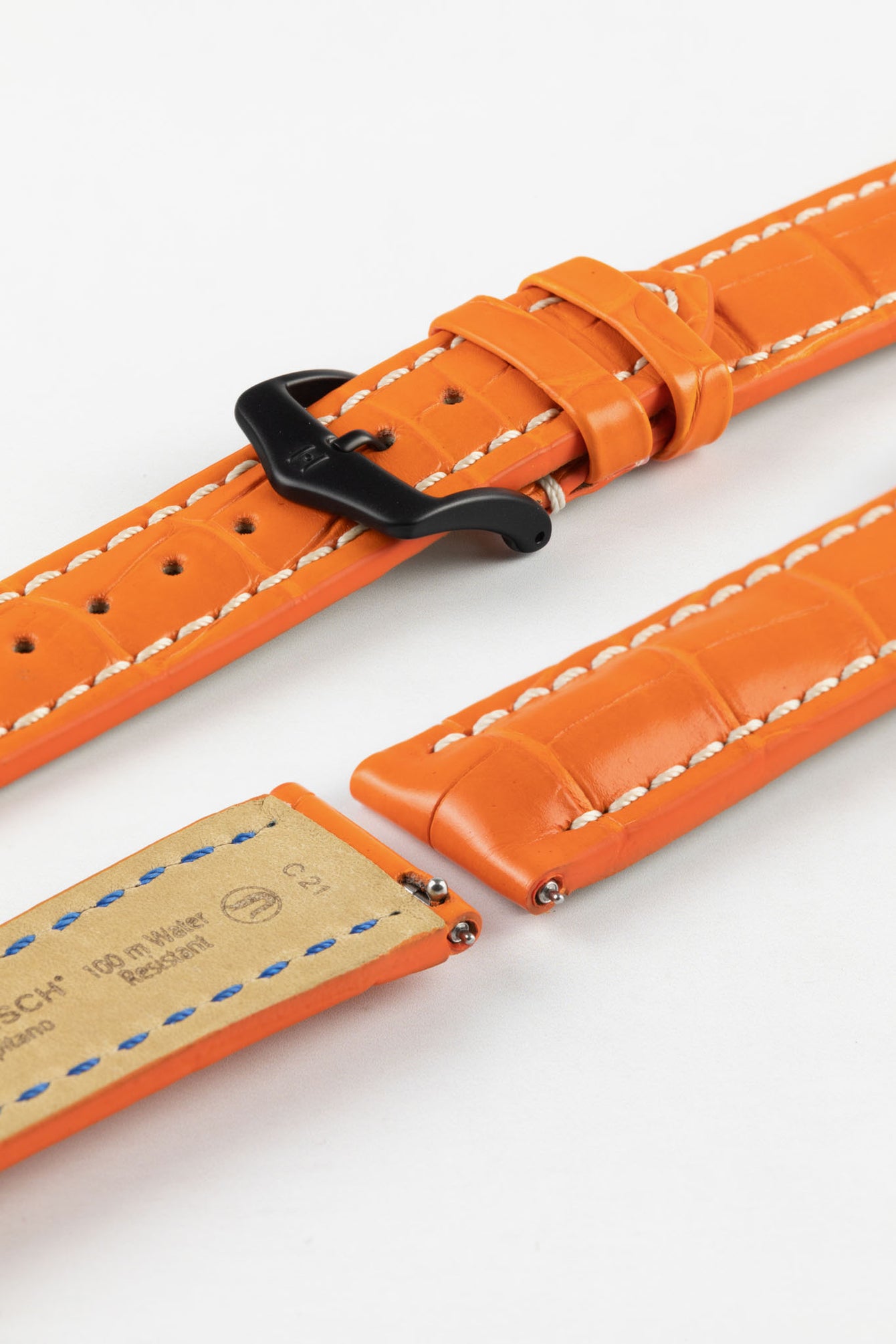 Hirsch CAPITANO Padded Alligator Leather Water-Resistant Watch Strap in ORANGE