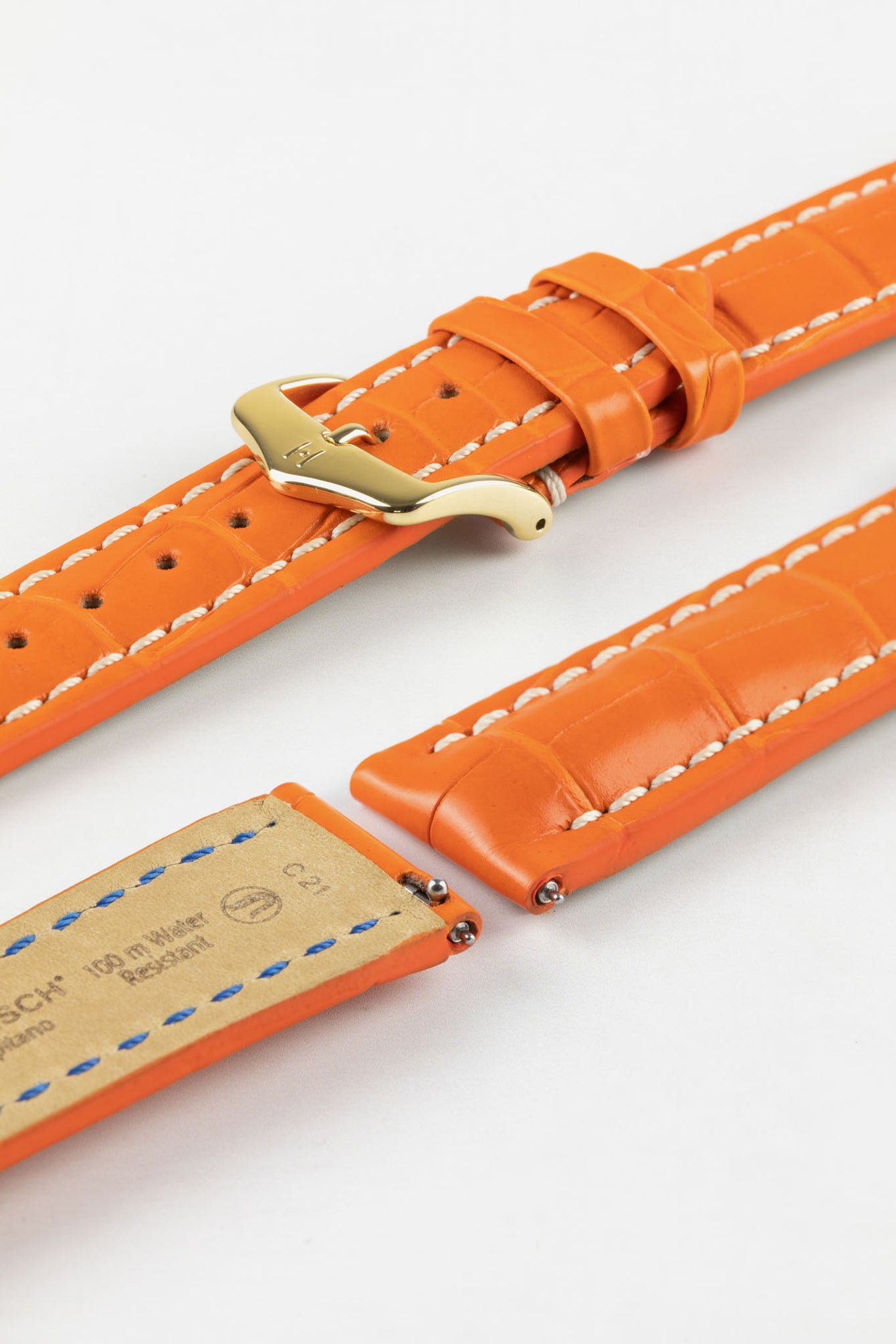 Hirsch CAPITANO Padded Alligator Leather Water-Resistant Watch Strap in ORANGE