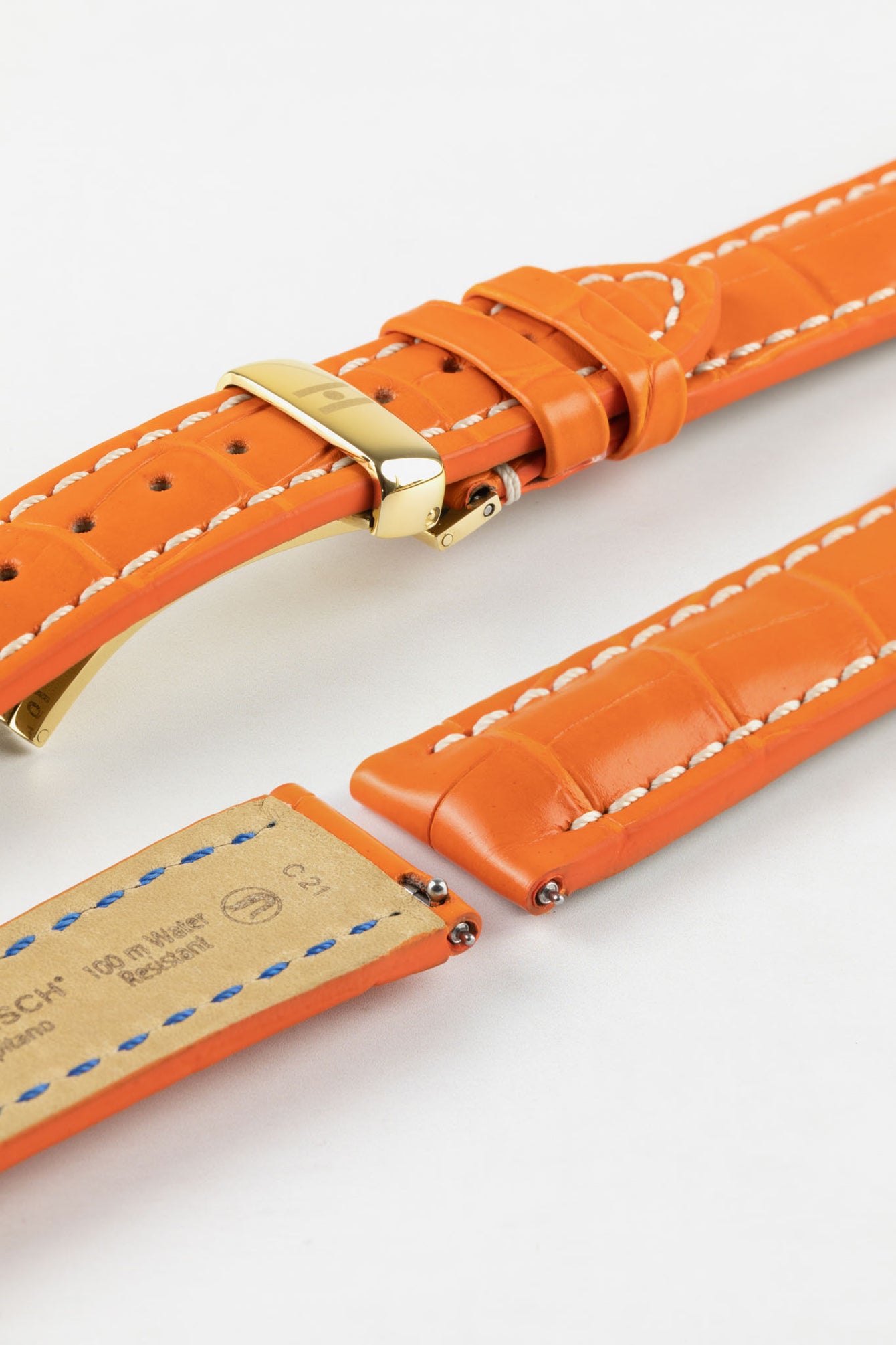 Hirsch CAPITANO Padded Alligator Leather Water-Resistant Watch Strap in ORANGE