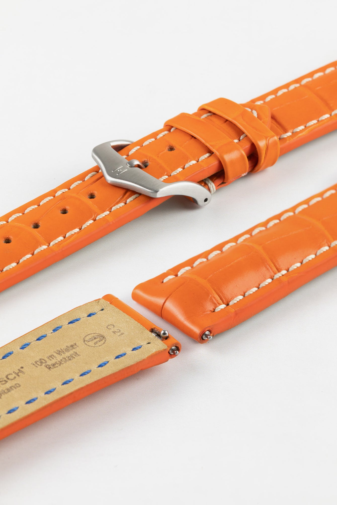 Hirsch CAPITANO Padded Alligator Leather Water-Resistant Watch Strap in ORANGE