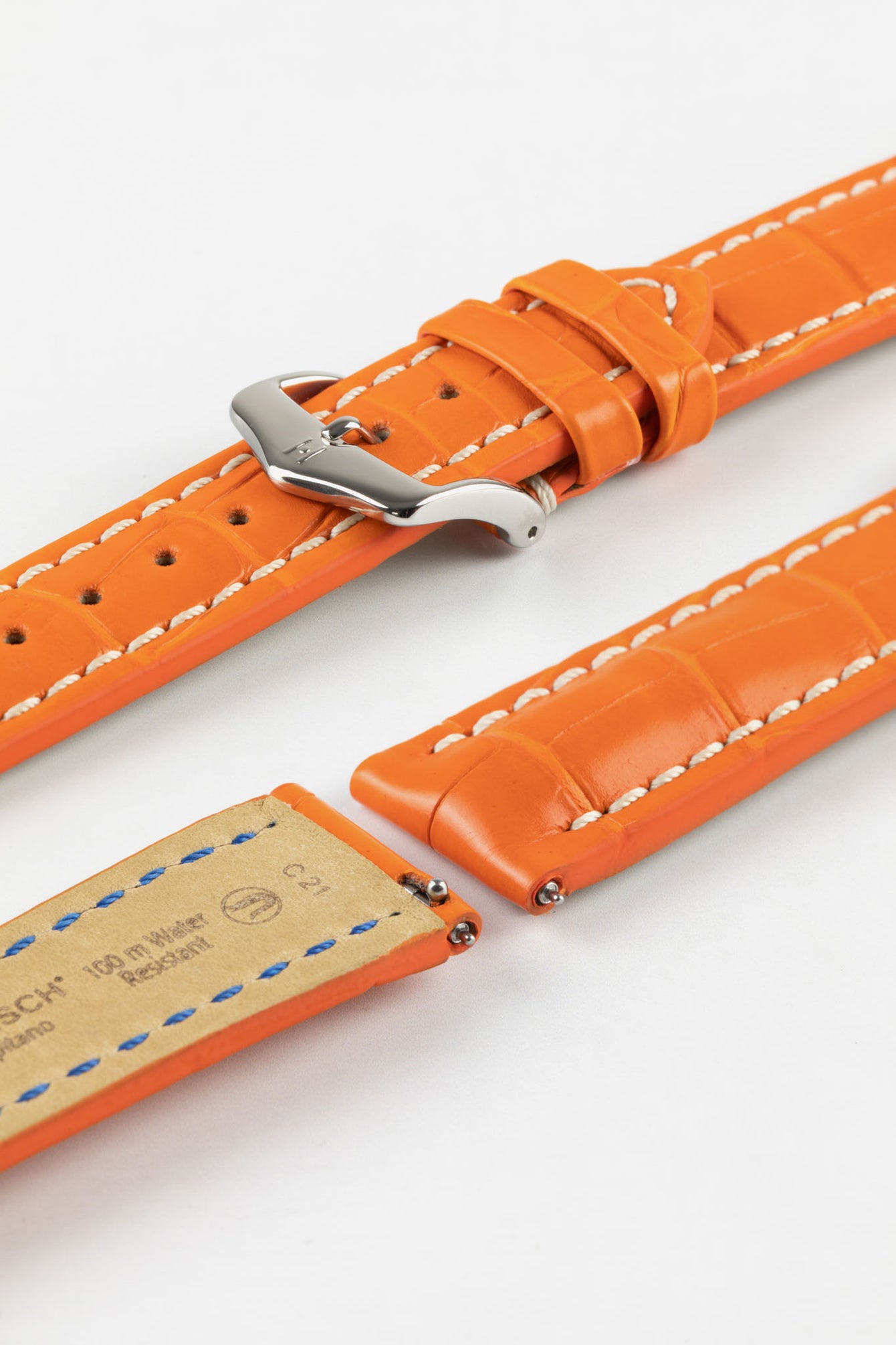 Hirsch CAPITANO Padded Alligator Leather Water-Resistant Watch Strap in ORANGE