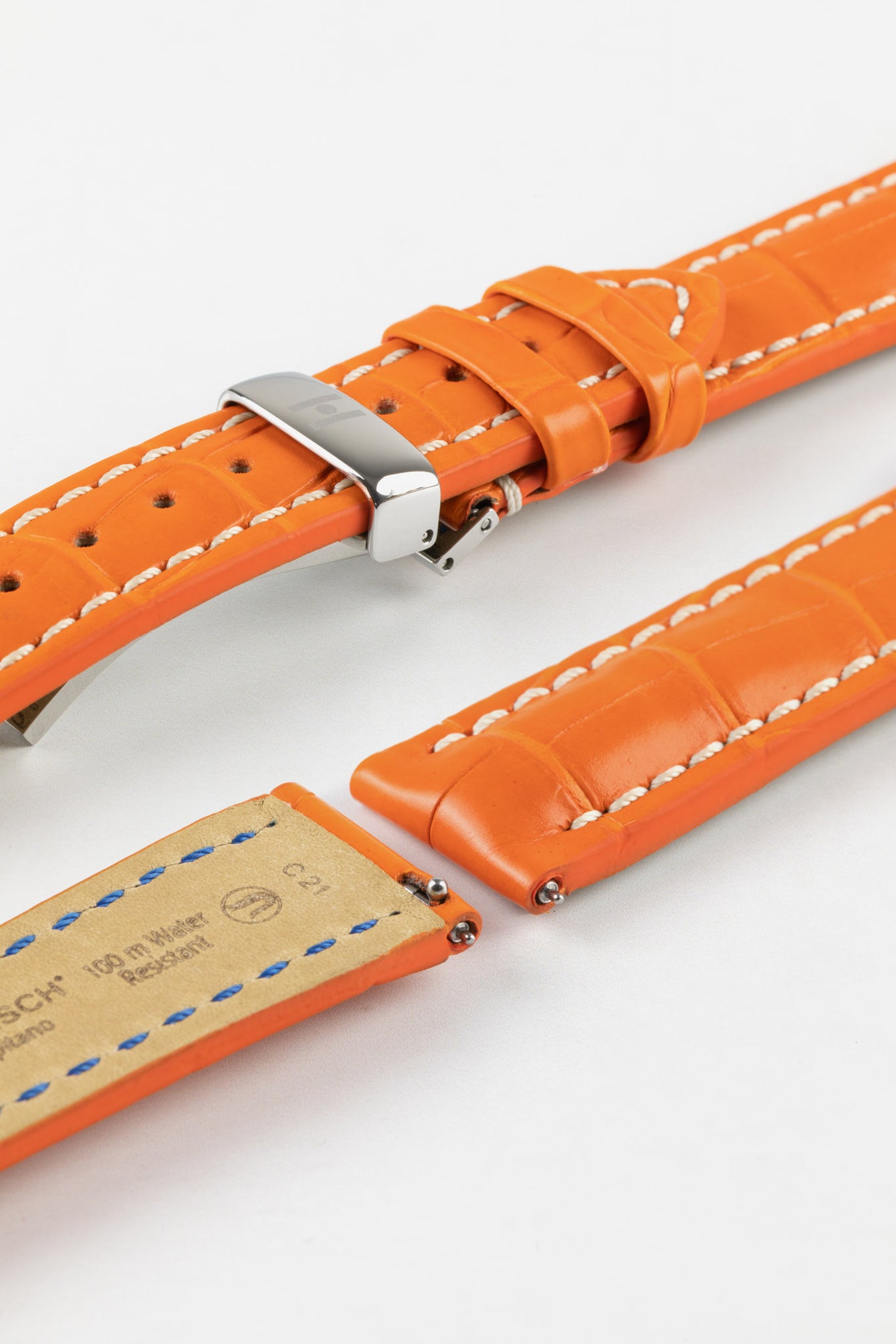 Hirsch CAPITANO Padded Alligator Leather Water-Resistant Watch Strap in ORANGE