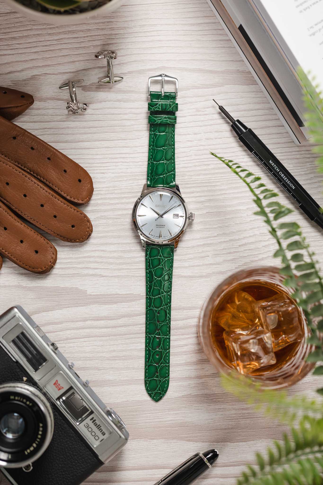 Green leather 2025 watch strap