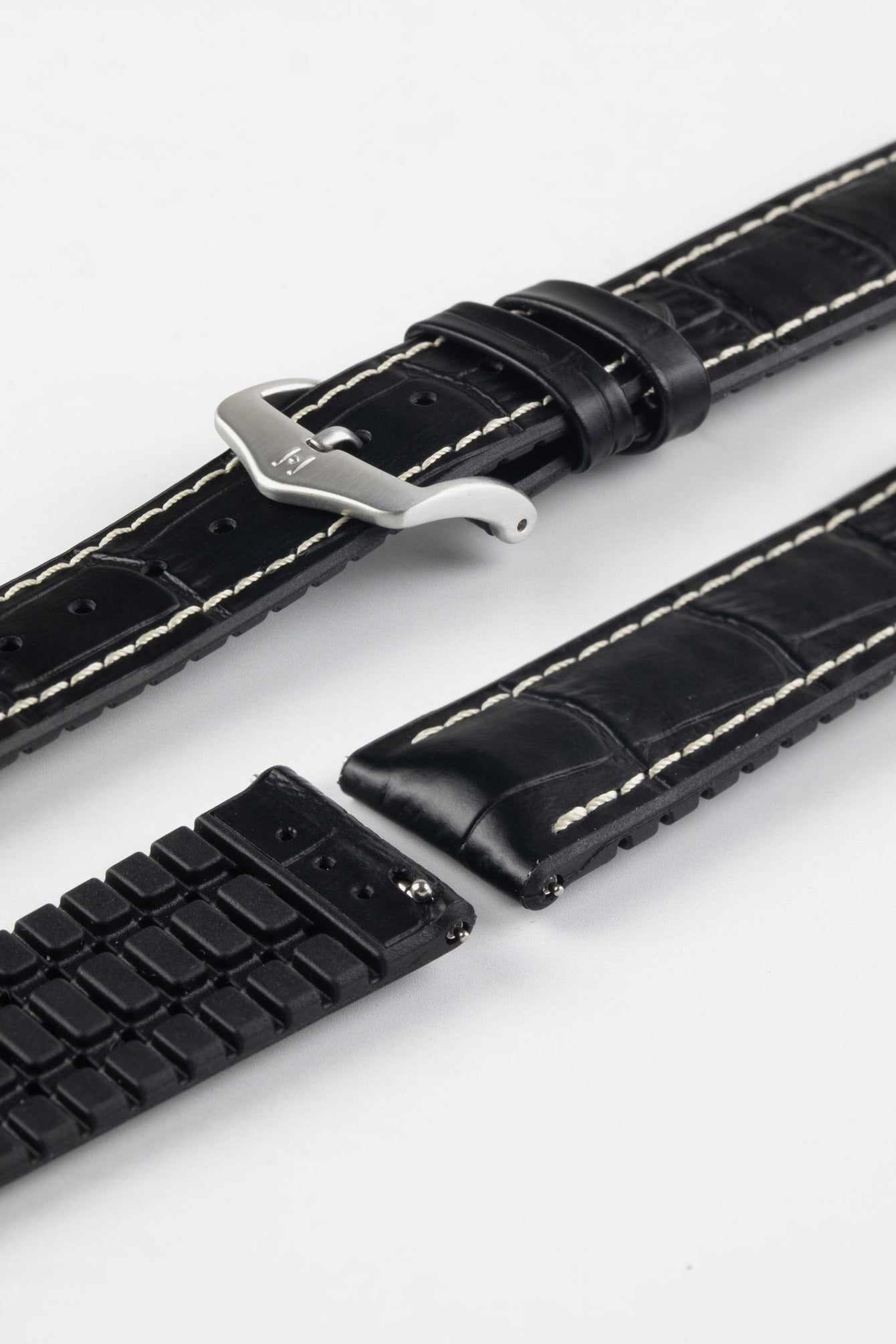 Hirsch GEORGE Alligator Embossed Performance Watch Strap in BLACK/WHITE