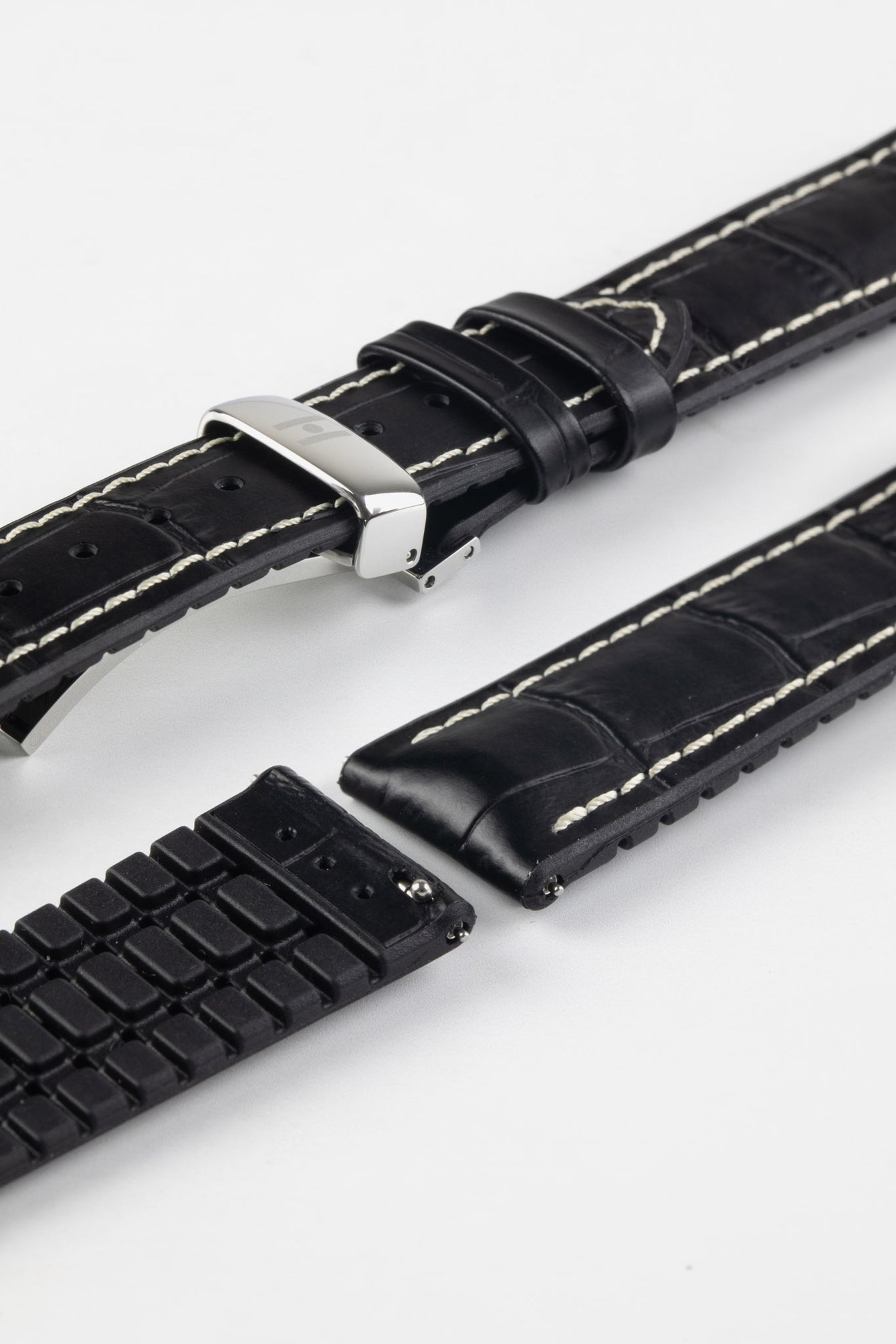 Hirsch GEORGE Alligator Embossed Performance Watch Strap in BLACK/WHITE