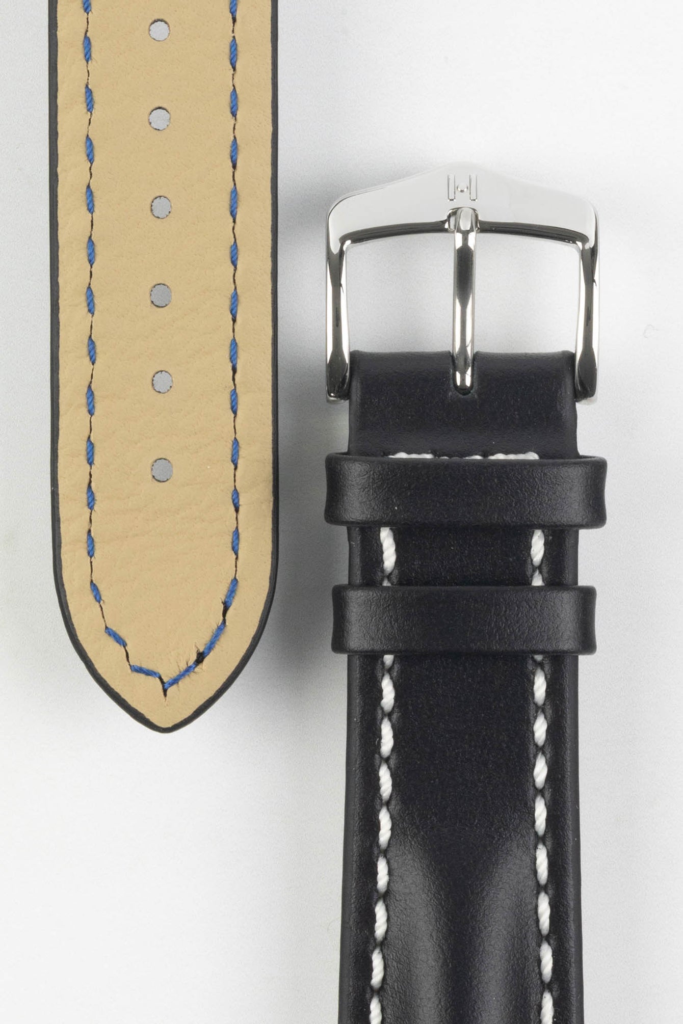 Hirsch HEAVY CALF Water-Resistant Calf Leather Watch Strap in BLACK/WHITE