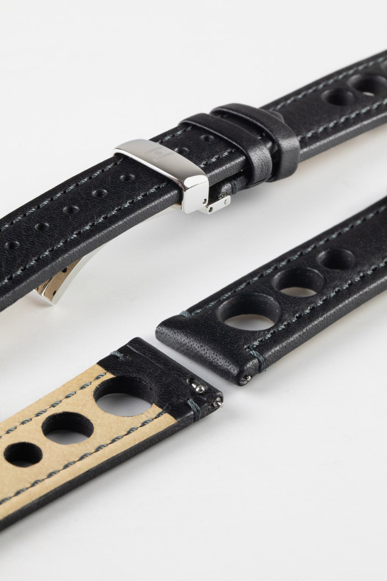 Hirsch RALLY Natural Leather Racing Watch Strap in BLACK