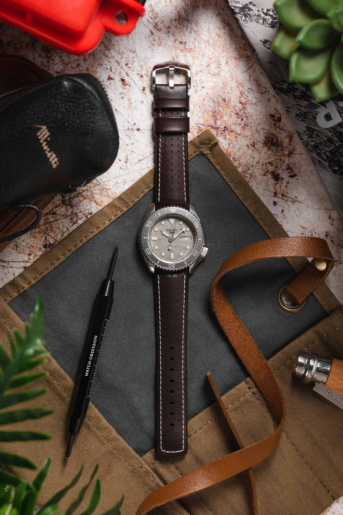 Hirsch TIGER Perforated Leather Performance Watch Strap in Brown