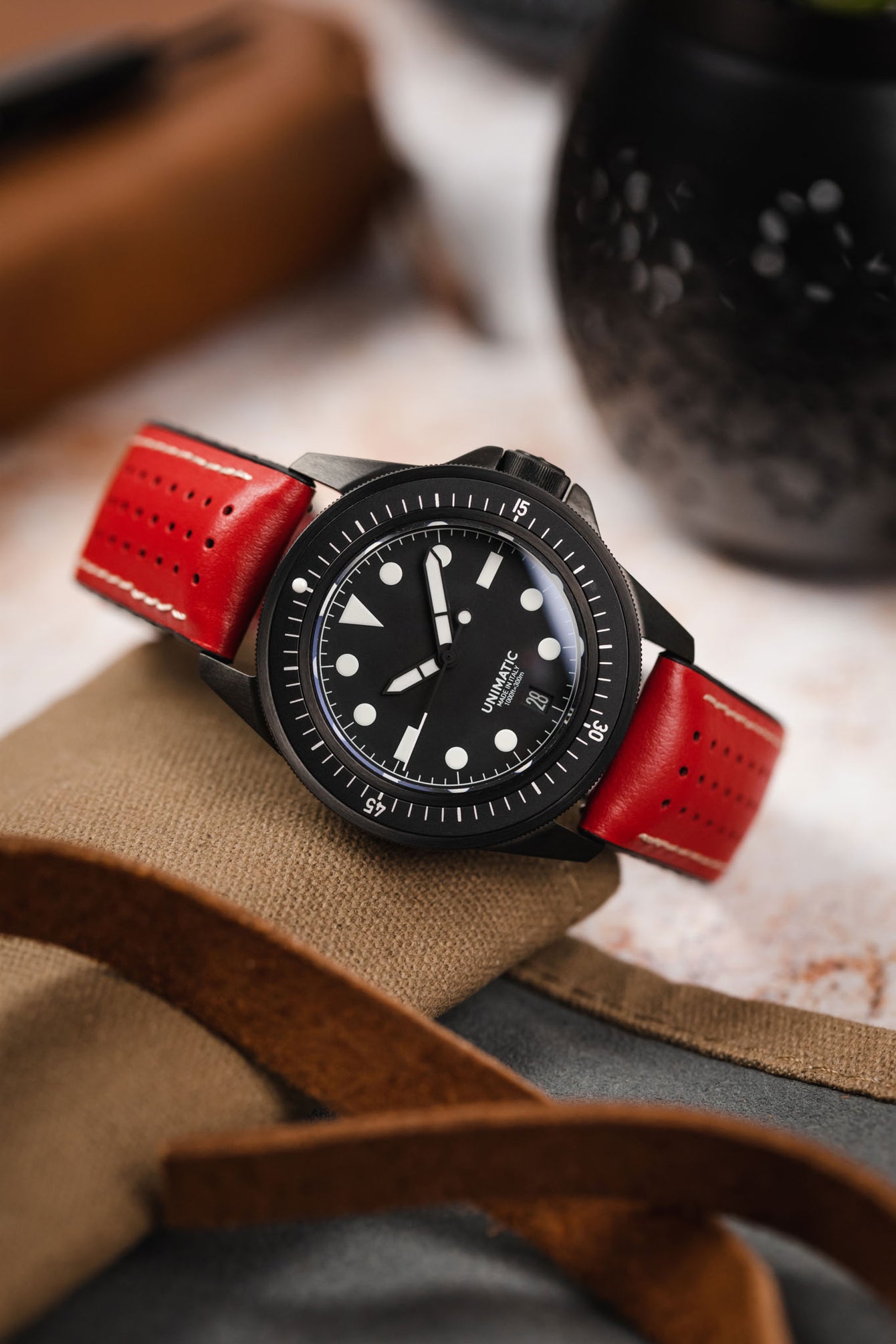 Hirsch TIGER Perforated Leather Performance Watch Strap in Red