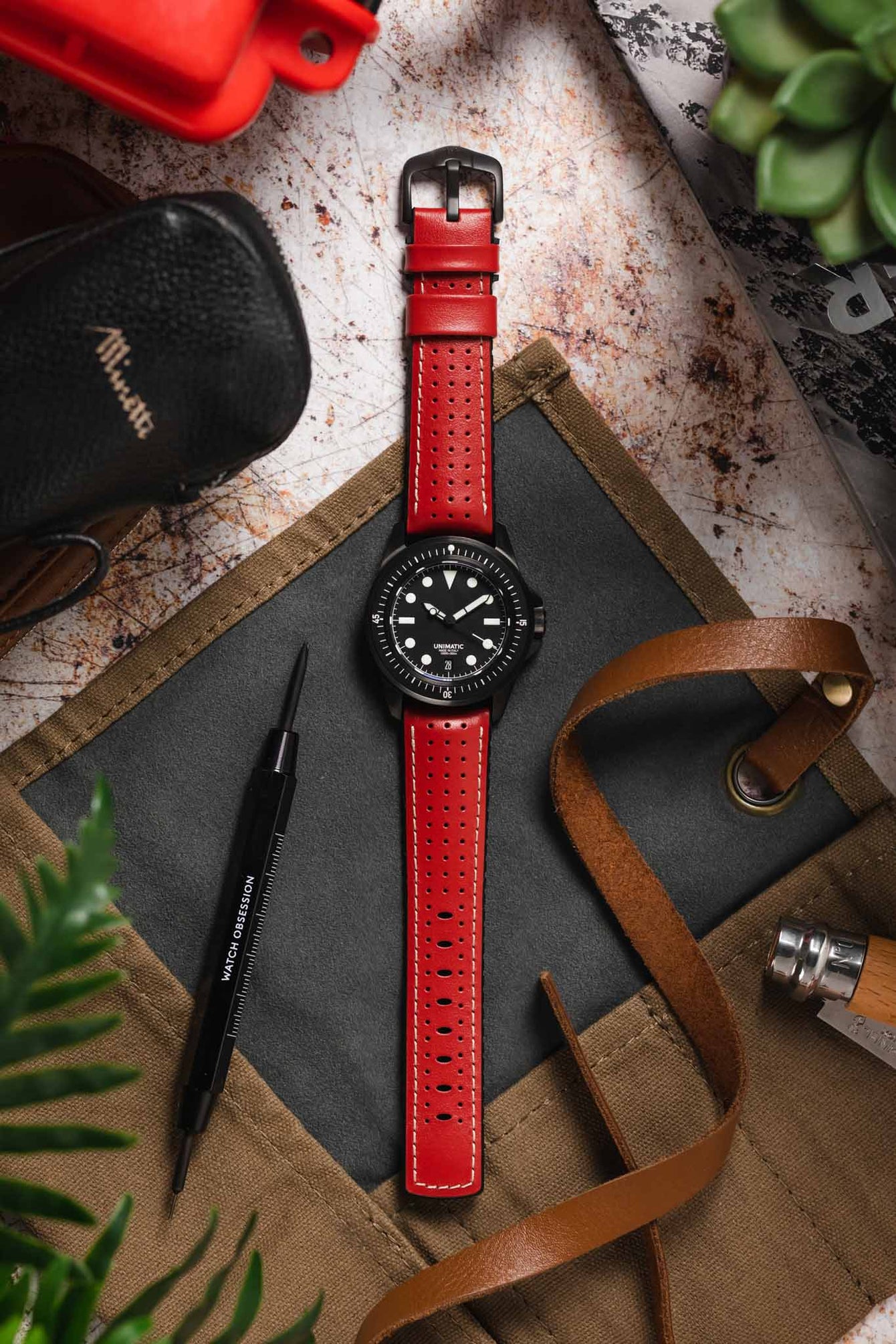 Hirsch TIGER Perforated Leather Performance Watch Strap in Red