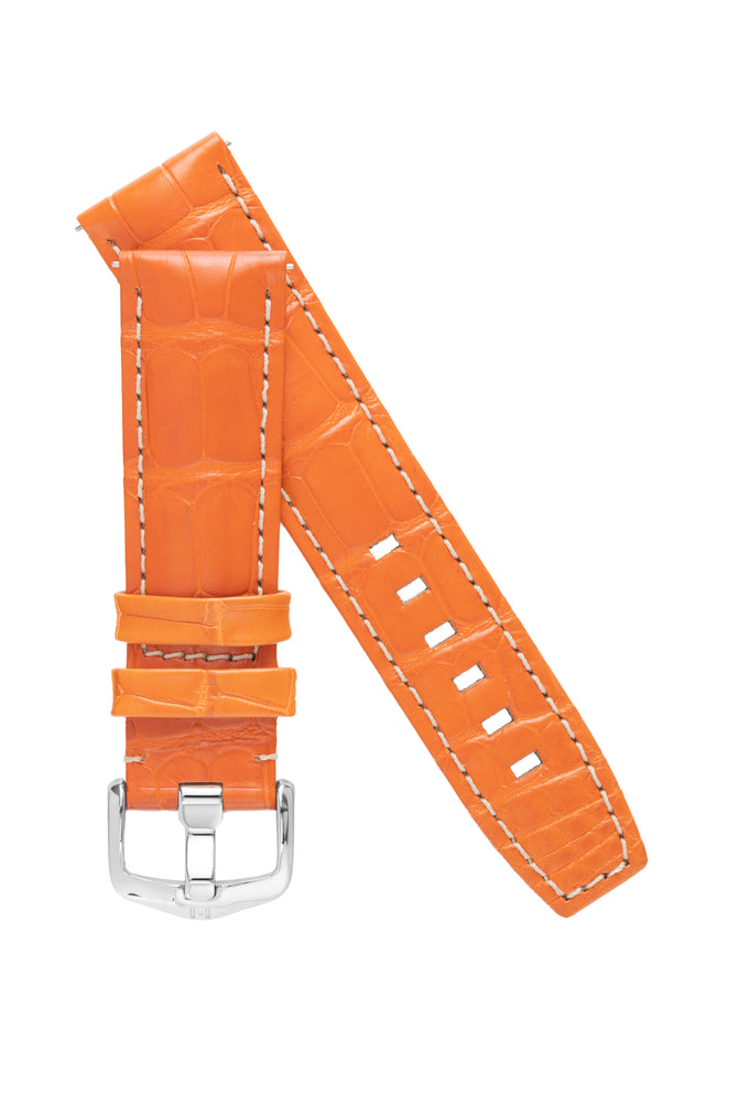 Hirsch TRITONE Padded Alligator Leather Watch Strap in ORANGE with WHITE Contrast Stitching