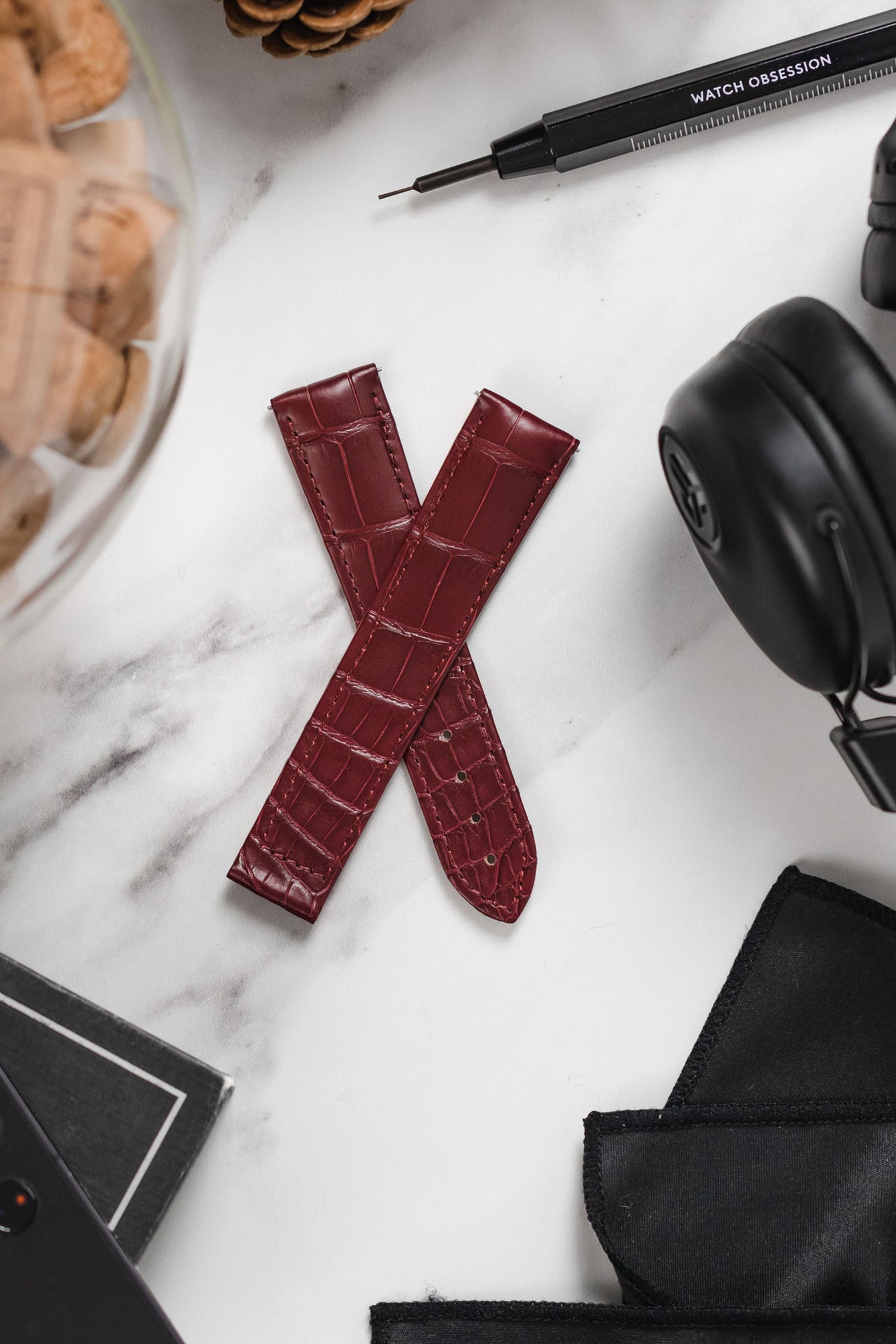 Hirsch VOYAGER Alligator Deployment Watch Strap in BURGUNDY