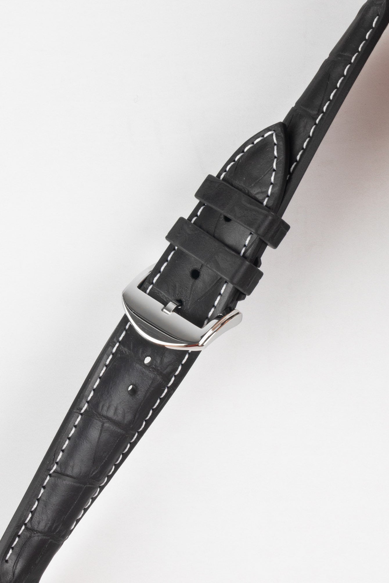 ISOSWISS SKINSKAN Alligator-Embossed Rubber Watch Strap in BLACK with White Stitch