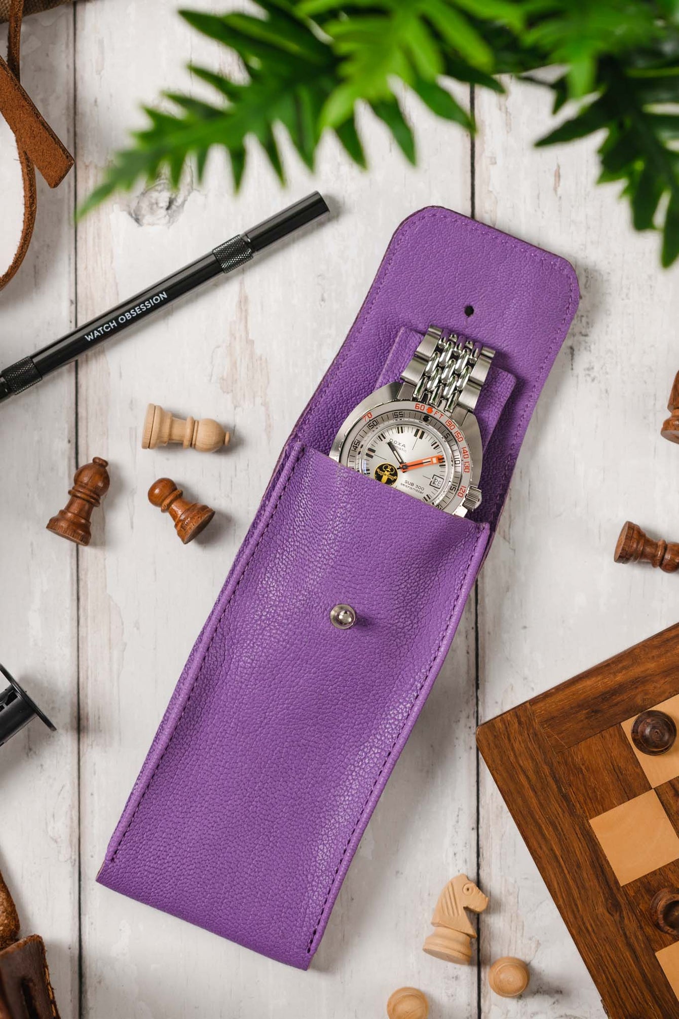 JPM Single Watch Leather Travel Pouch in PURPLE