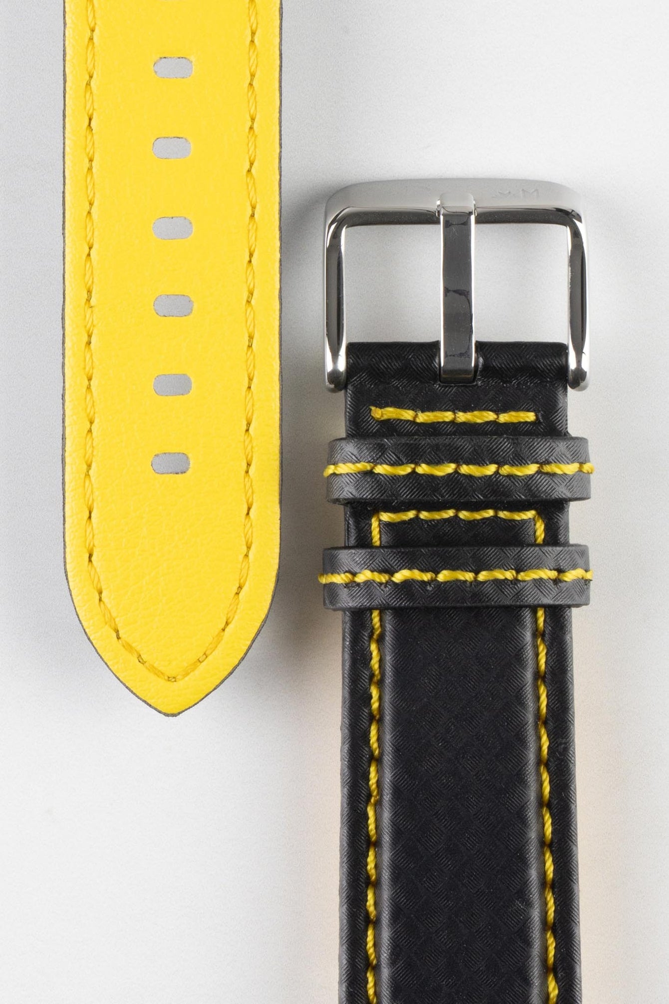 black leather watch strap yellow stitching 