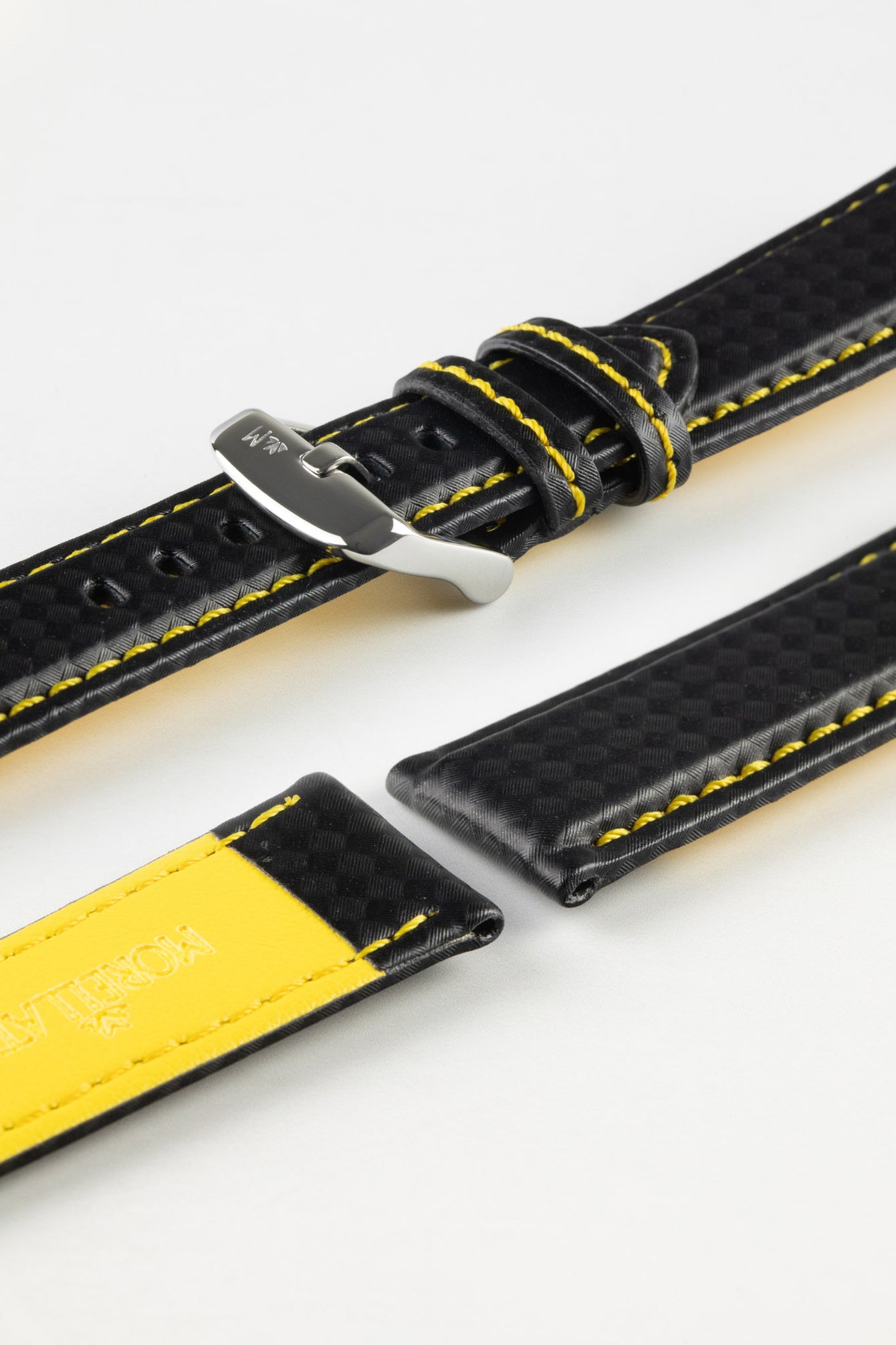 black leather watch strap yellow stitching 