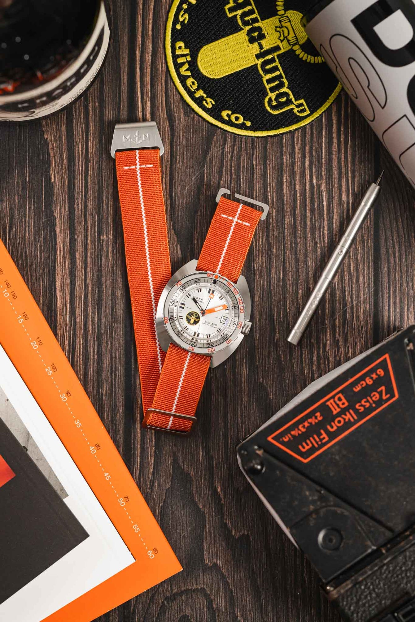 Erika's Originals ORANGE MN™ Strap with WHITE Centerline - BRUSHED Hardware