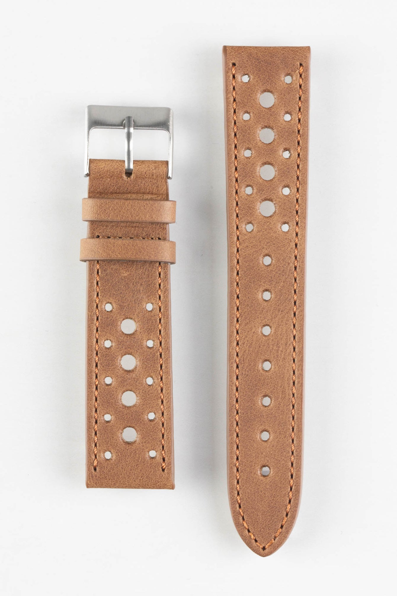 Pebro RACING Perforated Leather Watch Strap in MID BROWN