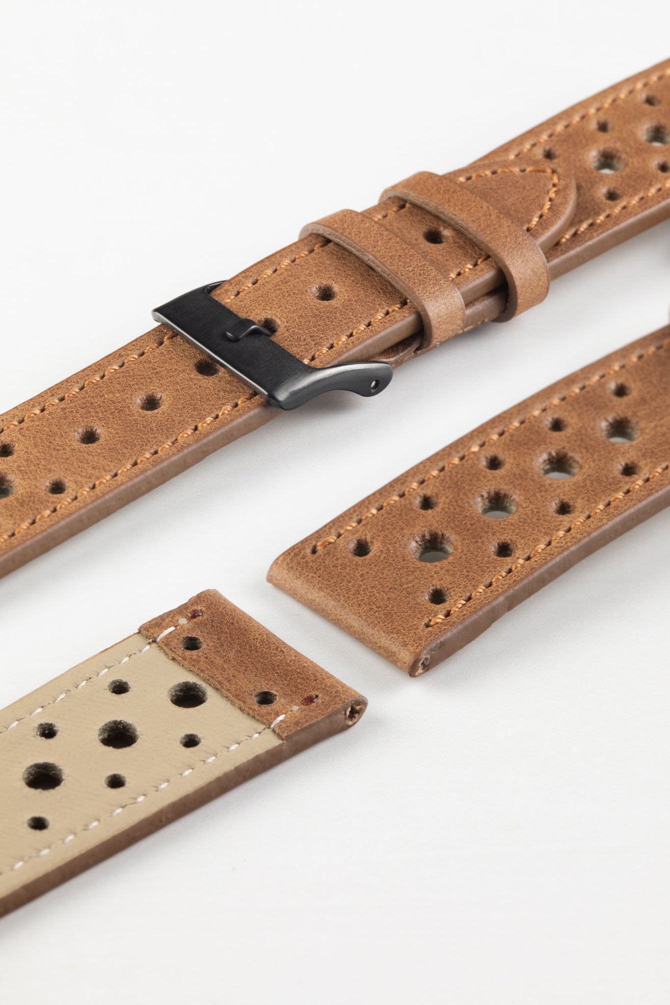 Pebro RACING Perforated Leather Watch Strap in MID BROWN