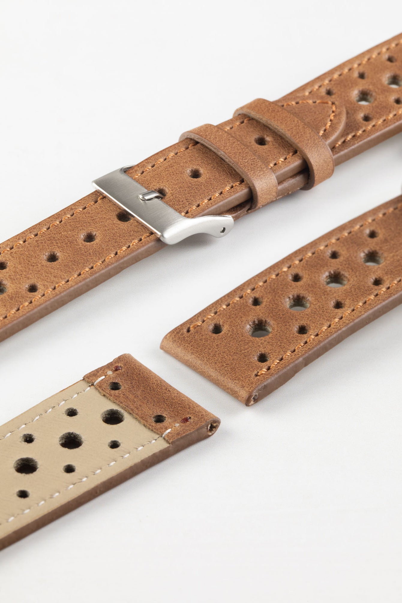 Pebro RACING Perforated Leather Watch Strap in MID BROWN