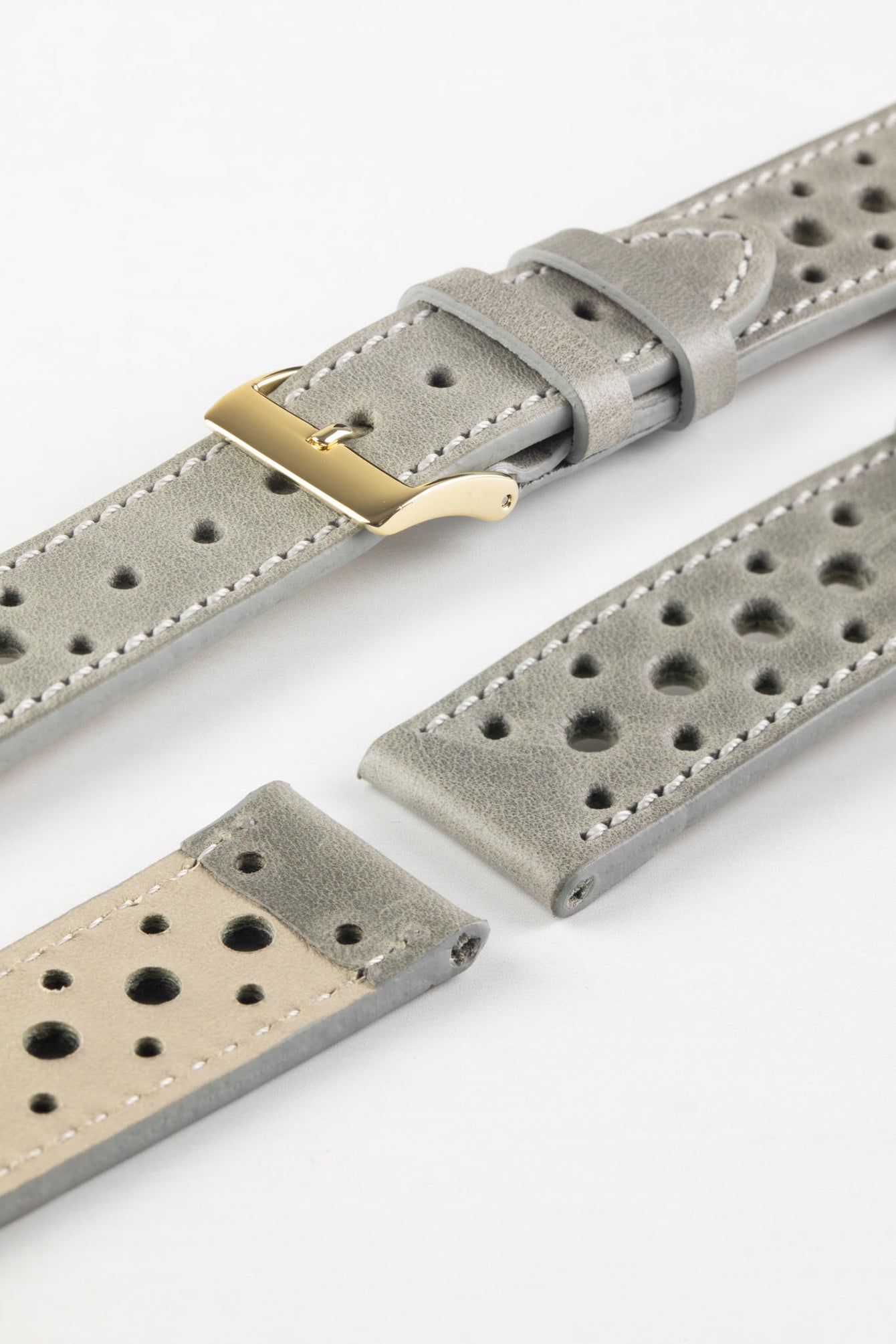 Pebro RACING Perforated Leather Watch Strap in PEBBLE GREY