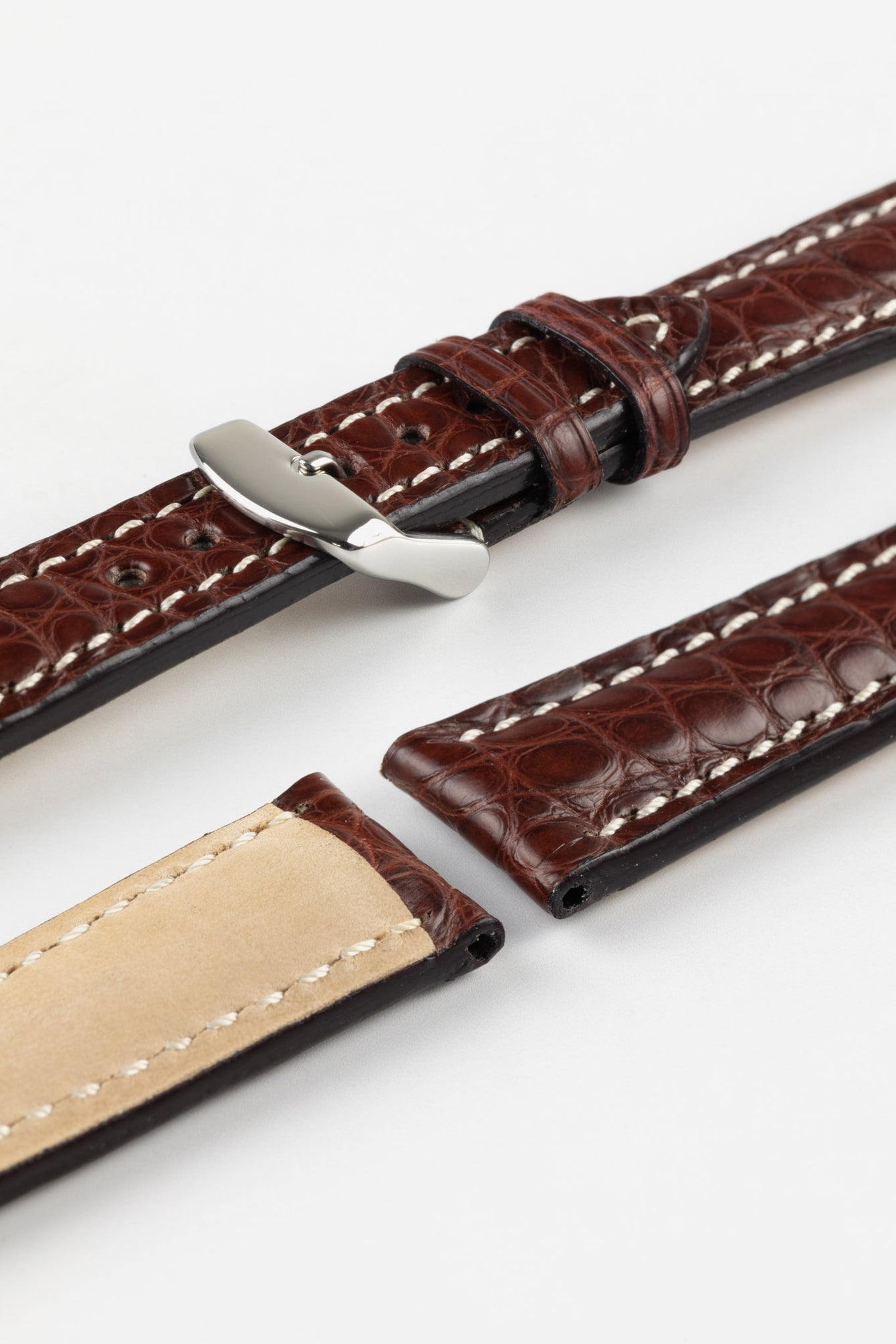 RIOS1931 AMBASSADOR Genuine Alligator Flank Padded Watch Strap in REDDISH BROWN