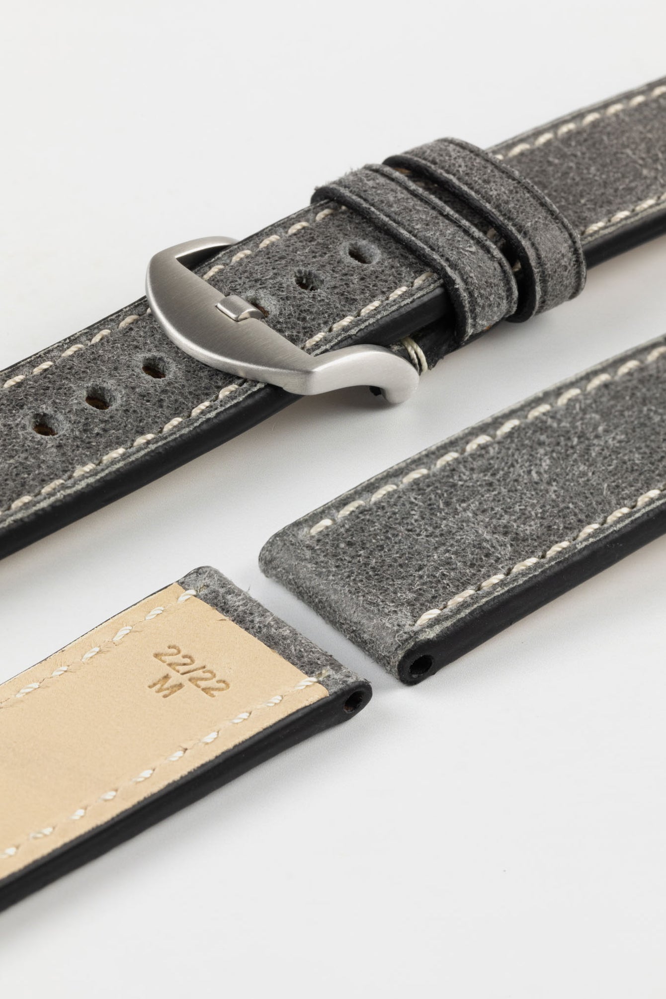 RIOS1931 OXFORD Flat-Padded Vintage Leather Watch Strap in STONE GREY