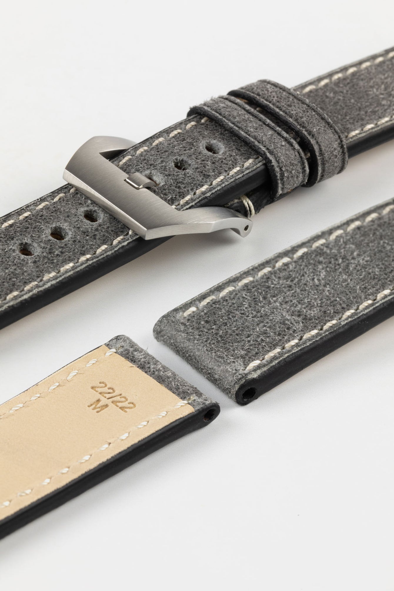 RIOS1931 OXFORD Flat-Padded Vintage Leather Watch Strap in STONE GREY