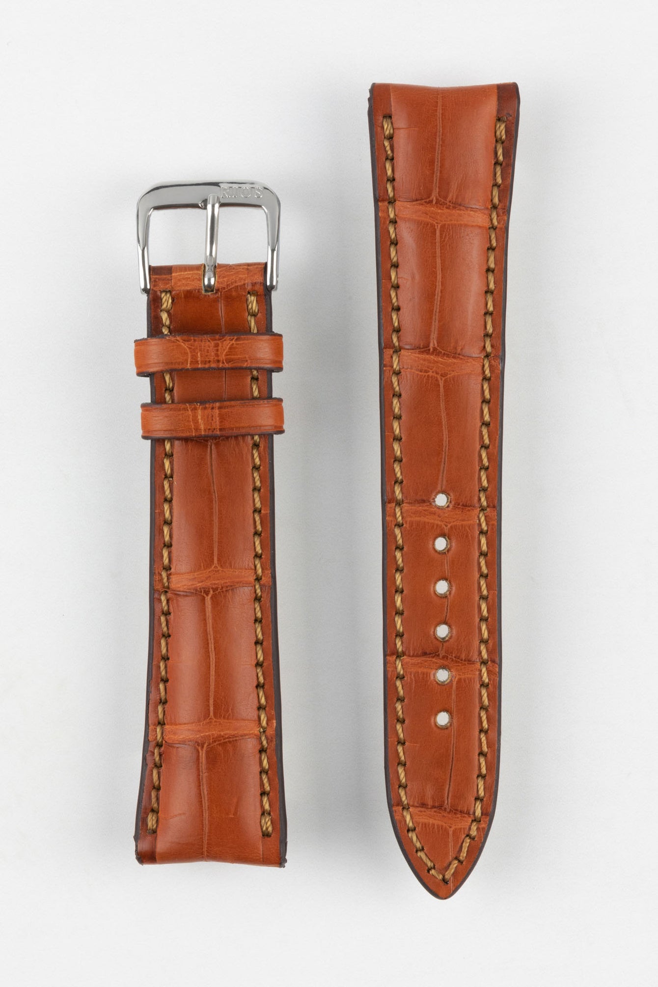 RIOS1931 PRESIDENT Genuine Alligator Round-Padding Watch Strap in COGNAC