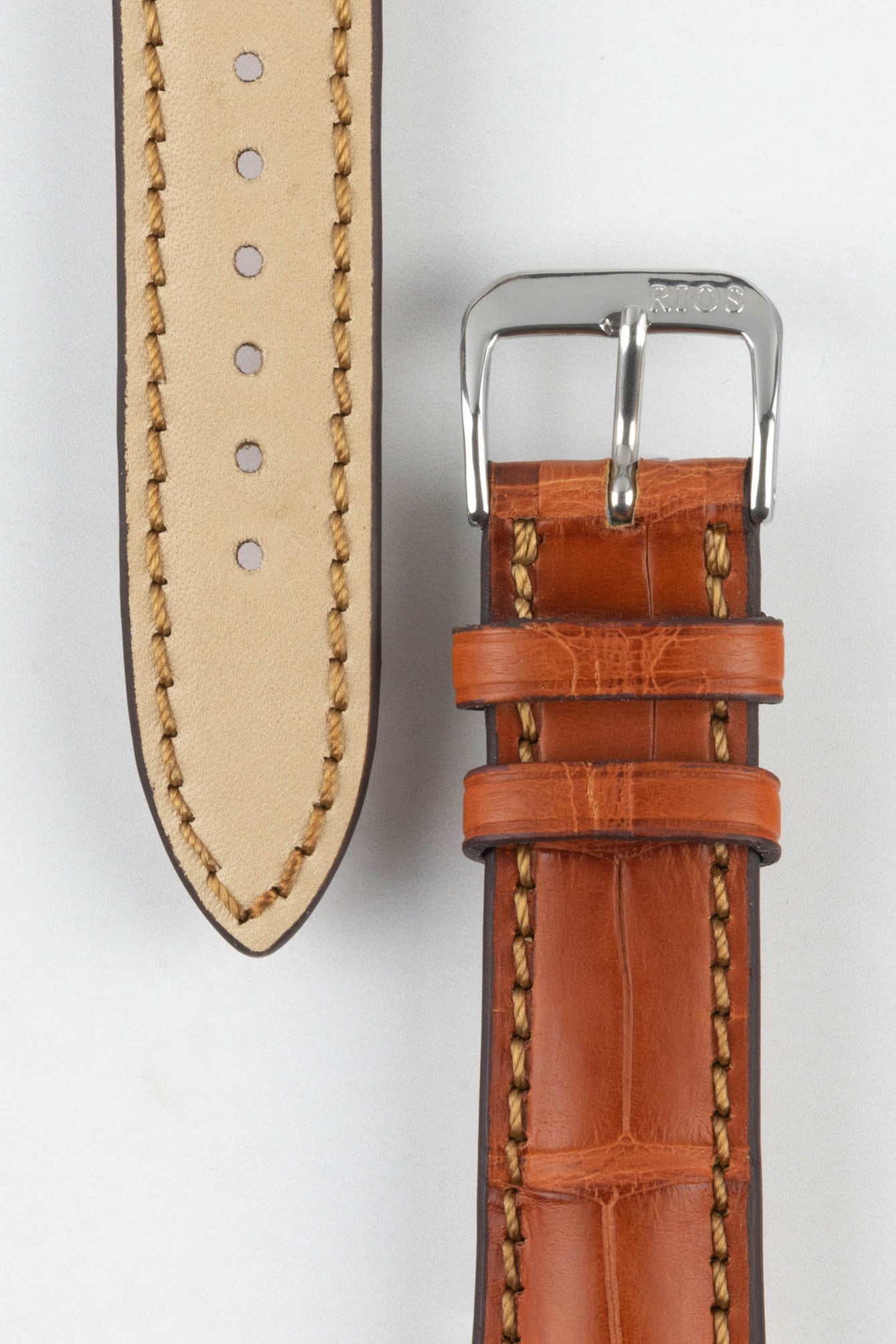 RIOS1931 PRESIDENT Genuine Alligator Round-Padding Watch Strap in COGNAC