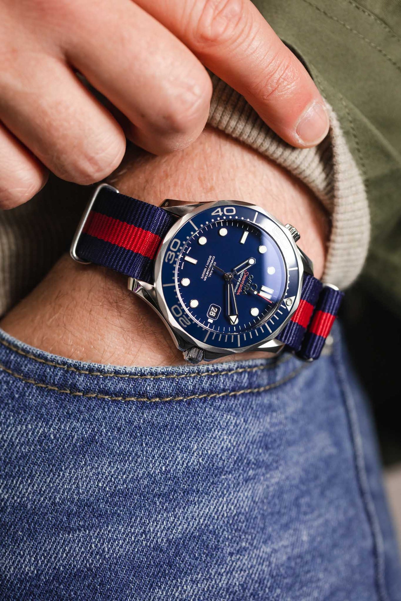 Nylon Watch Strap in BLUE with Wide RED Stripe - Polished Buckle & Keepers