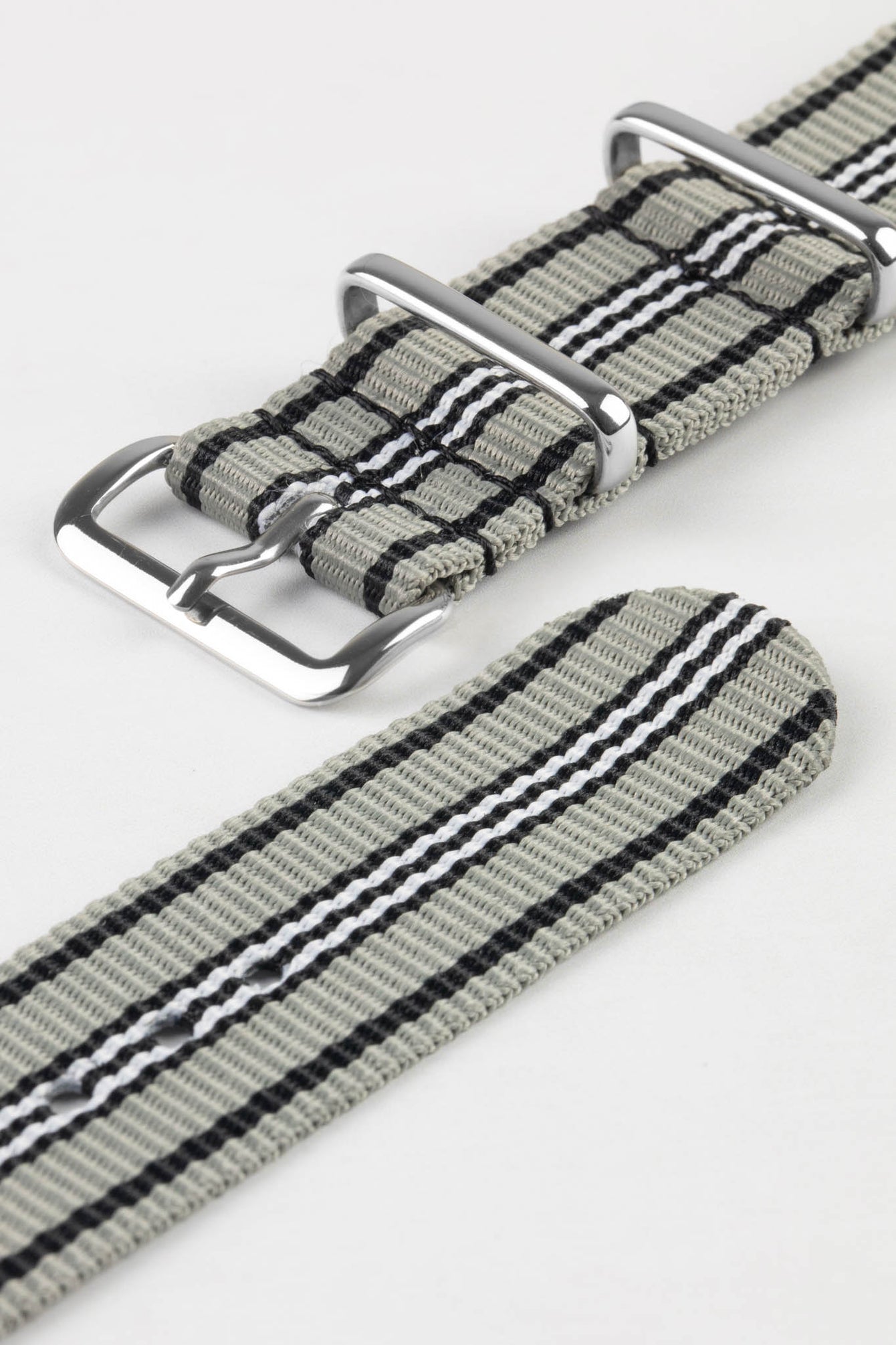 Nylon Watch Strap in GREY/BLACK/WHITE with Polished Buckle and Keepers