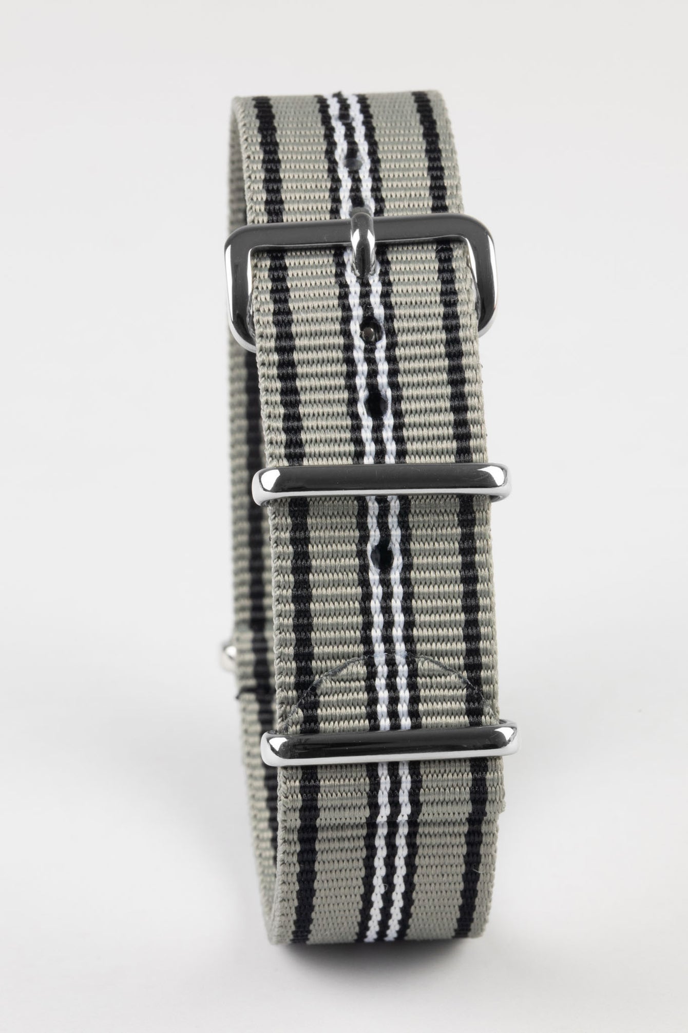 Nylon Watch Strap in GREY/BLACK/WHITE with Polished Buckle and Keepers